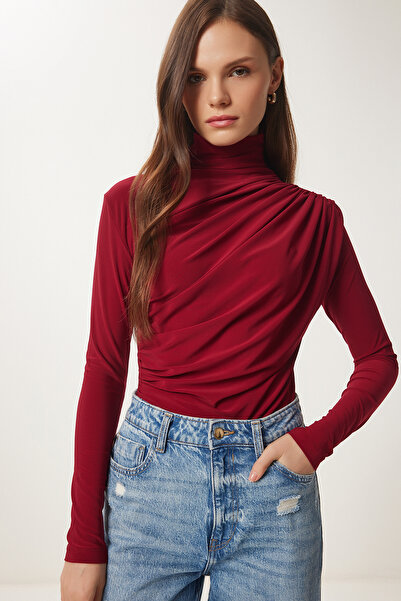 Happiness İstanbul Kadın Bordo Büzgü Detaylı Dik Yaka Sandy Bluz  FF00135