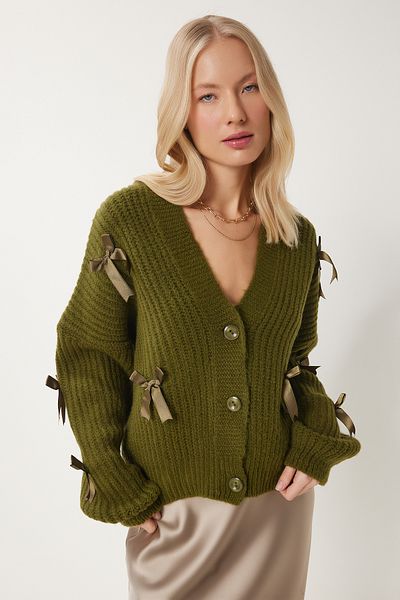 Happiness İstanbul Khakifarbene Strickjacke mit Schleife für Damen PF00095