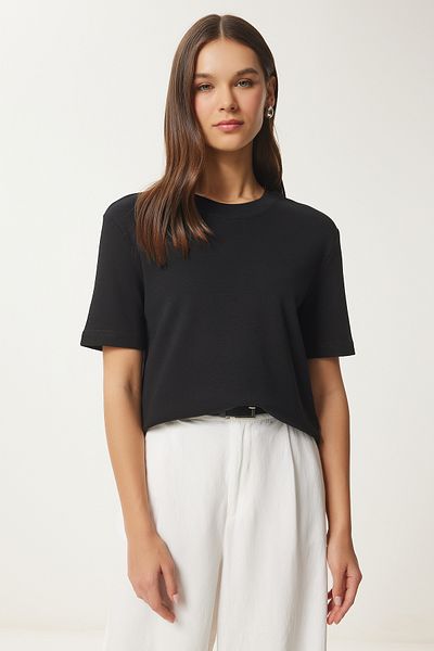Happiness İstanbul Women's Black Cotton Basic Knitted T-Shirt Ag00001