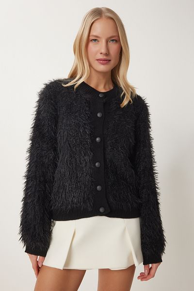Happiness İstanbul Women's Black Soft Bearded Knitwear Cardigan Mx00180
