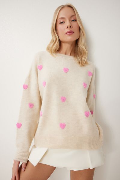 Happiness İstanbul Cremefarbener, herzstrukturierter, übergroßer Strickpullover für Damen PF00088