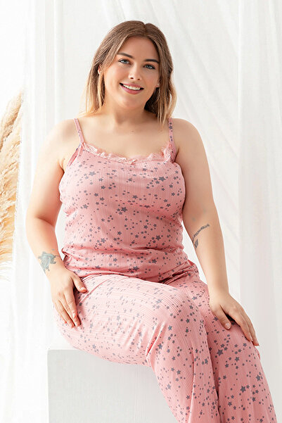 Trendyol Curve Sada 3-balení šněrování a krajky se vzorem růžové hvězdy Pletená sada pyžama Tbbaw25Ai00101