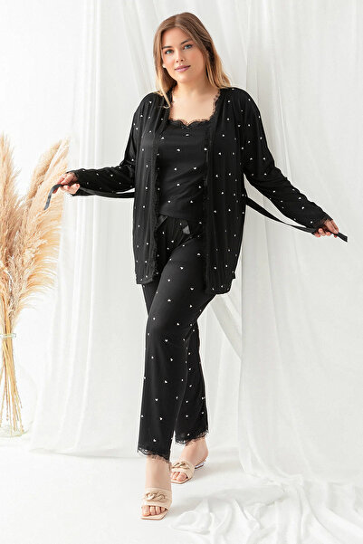 Trendyol Curve 3-Pack Black Heart Pattern Knitted Pajamas Set - Lacing and Lace Detail Tbbaw25Ai00101
