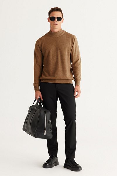 ALTINYILDIZ CLASSICS Nerzfarbener Standard-Schnitt-Strickpullover aus Baumwolle mit halblangem Rollkragen für Herren