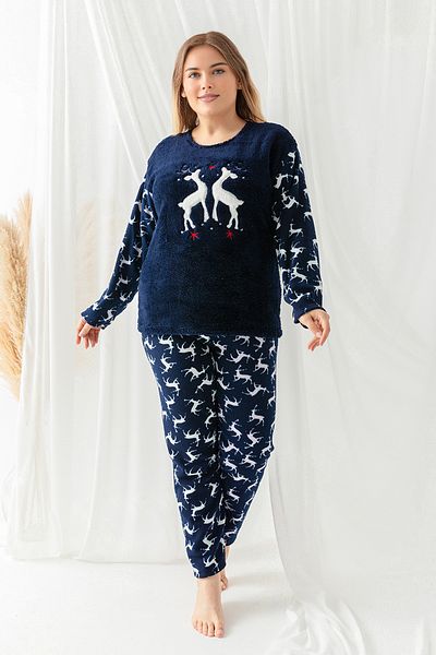 Trendyol Curve Navy Blue Christmas Patterned Knitted Pajamas Set Tbbaw25Ai00100