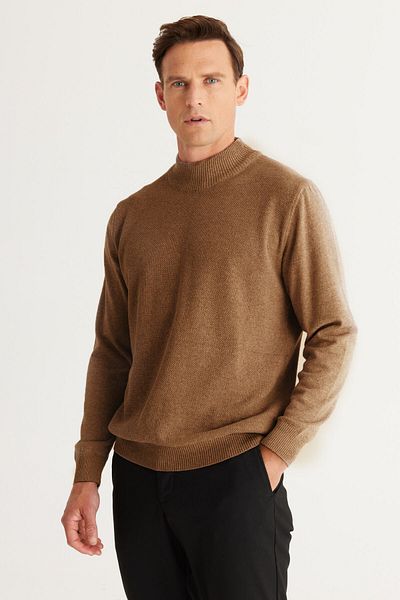 ALTINYILDIZ CLASSICS Nerzfarbener Standard-Schnitt-Strickpullover aus Baumwolle mit halblangem Rollkragen für Herren