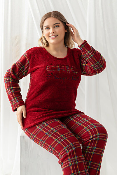 Trendyol Curve Σετ πλεκτές πιτζάμες με μπορντό καρό σχέδιο TBBAW25AI00100