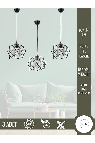 MHK Collection 3 Pieces Black Jaca Mica Glass Smoked Pendant Lamp Chandelier Living Room, Kitchen, Hallway, Entrance