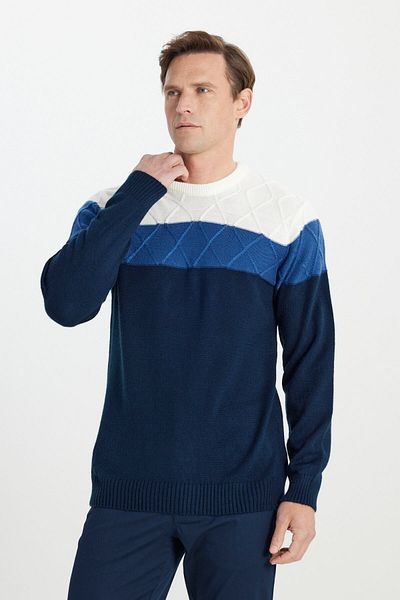 AC&Co / Altınyıldız Classics Ανδρικό πλεκτό πουλόβερ με στάμπα Colorblock με στάμπα εκρού με λαιμόκοψη