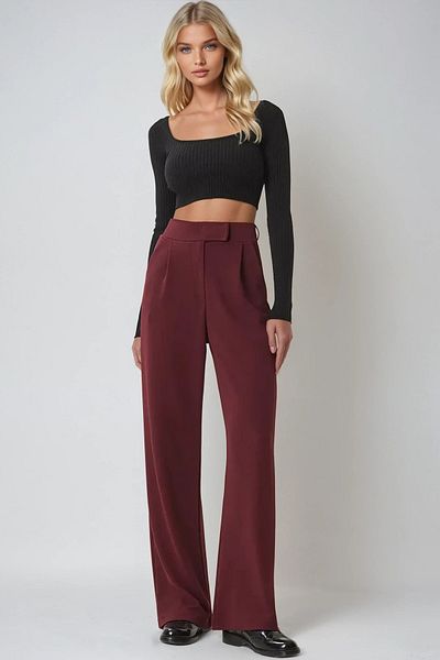 Trend Alaçatı Stili Burgunderfarbene Palazzo-Hose mit hoher Taille und Doppeltaschen – plissiert und Klettverschluss ALC-X10753