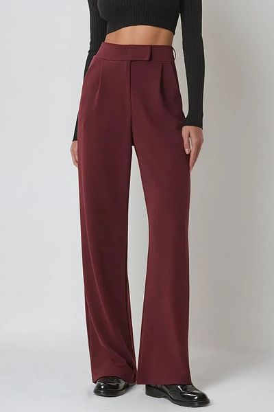 Trend Alaçatı Stili Burgunderfarbene Palazzo-Hose mit hoher Taille und Doppeltaschen – plissiert und Klettverschluss ALC-X10753