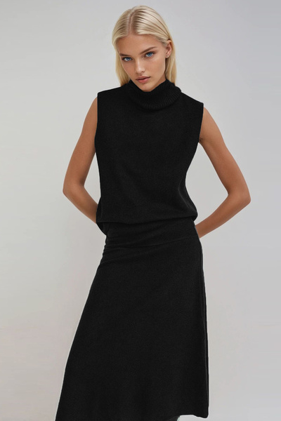 Trend Alaçatı Stili Women's Black Turtleneck Thessaloniki Knitted Sleeveless Blouse and Skirt Suit Alc-X13336