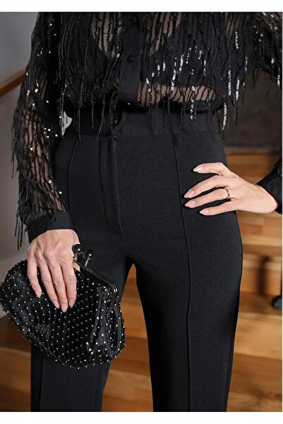 Cacha Fashion Kadın Krep Kumaş Likralı Önü Çimalı İspanyol Paça Palazzo Pantalon