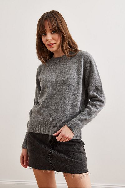 Olalook Pulover de bază cu textura moale, gri, cu gât crew, KZK- 19000845
