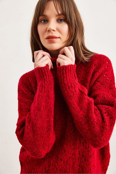 Olalook Pulover de damă cu gât roșu Claret cu textura moale KZK- 19000892