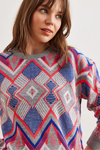 Olalook Gray Kilim Patterned Knitwear Women's Sweater - Kzk- 19000869