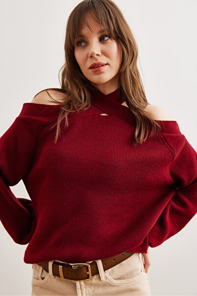 Olalook Burgundy Cross Collar Knitwear Women's Sweater - Kzk- 19000192
