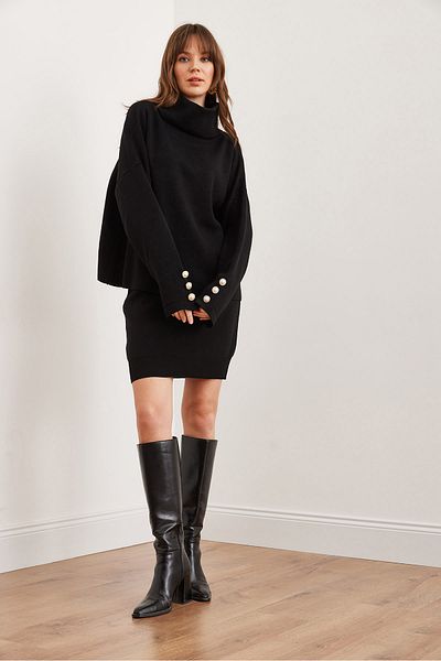 Olalook Women's Black Top Button Detailed Sweater Bottom Pleated Skirt Knitwear Suit Tkm- 19000329