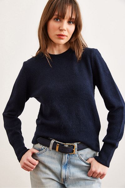 Olalook Women's Navy Blue Crew Neck Soft Texture Basic Knitwear Sweater Kzk- 19000845