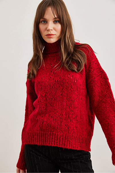 Olalook Women's Burgundy Turtleneck Soft Textured Knitwear Sweater Kzk- 19000892