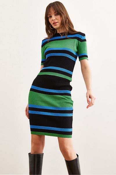 Olalook Women's Mint Black Striped Mini Skirt Knitwear Suit Tkm- 19000326