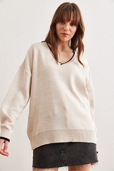 Olalook Women's Stone Collar Detailed Stripe Thick Knitwear Sweater Kzk- 19000924