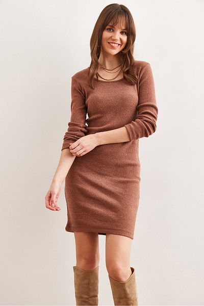 Olalook Women's Chocolate Wide Neckline Lycra Dress Elb- 19001613