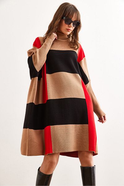 Olalook Women's Camel Plaid Thick Poncho Tunic Dress Elb- 19002323