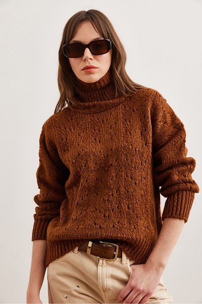 Olalook Women's Brown Turtleneck Soft Textured Knitwear Sweater Kzk- 19000892
