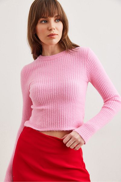 Olalook Pulover din tricotaje moale Candy Pink - Gât crew, KZK cu barbă- 19000844