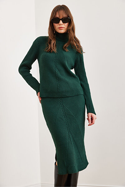 Olalook Női smaragdzöld, geometrikus textúrájú szoknya kötöttáru szett TKM- 19000325