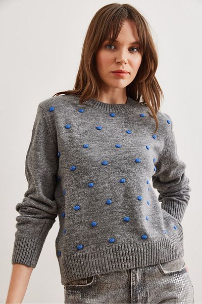 Olalook Pulover de damă din tricotaje cu pompon gri - KZK- 19000923
