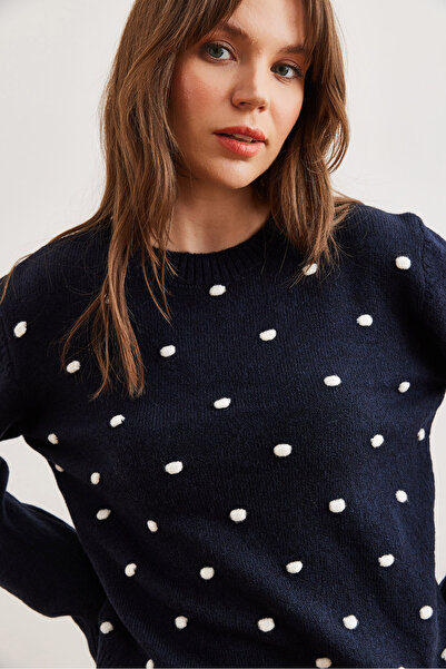 Olalook Navy Blue Pompom Women's Knitwear Sweater - Kzk- 19000923