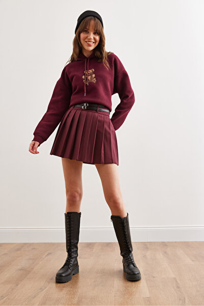 Olalook Women's Burgundy Double Belted Pleated Mini Woven Skirt Etk- 19000288