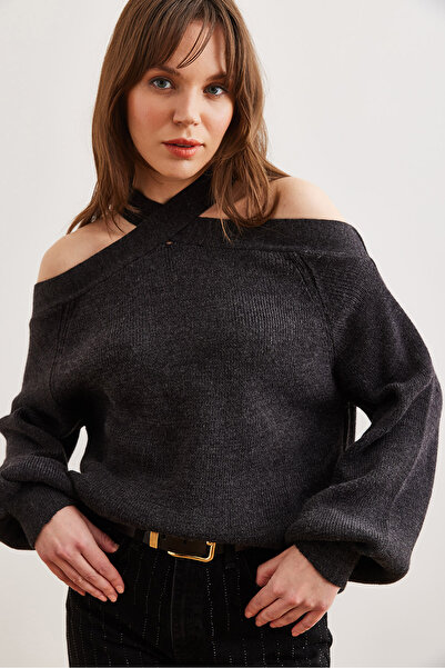 Olalook Anthracite Color Women's Knitwear Sweater - Cross Collar Kzk- 19000192
