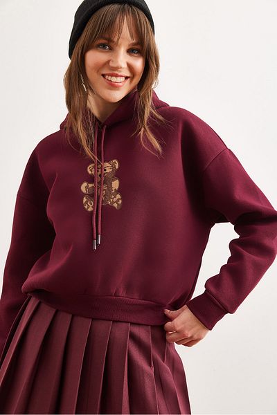 Olalook Hanorac cu glugă cu glugă cu aplicație de urs burgundy pentru femei SWT- 19000712
