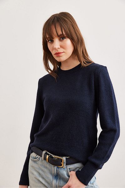 Olalook Women's Navy Blue Crew Neck Soft Texture Basic Knitwear Sweater Kzk- 19000845