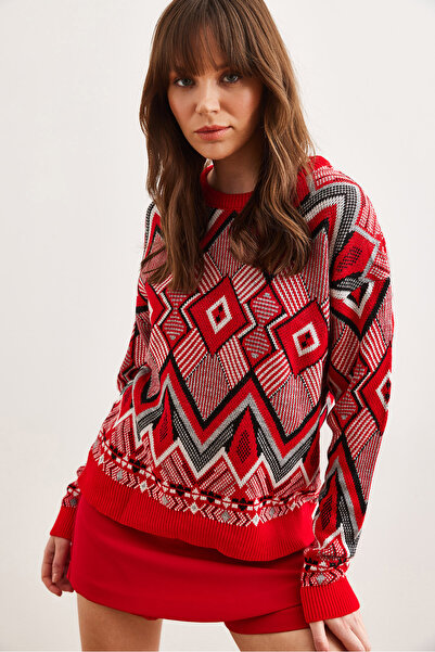 Olalook Red Patterned Knitwear Women's Sweater - Kzk- 19000869
