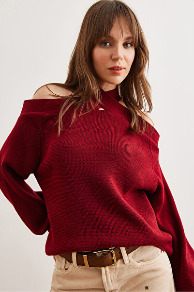 Olalook Burgundy Cross Collar Knitwear Women's Sweater - Kzk- 19000192