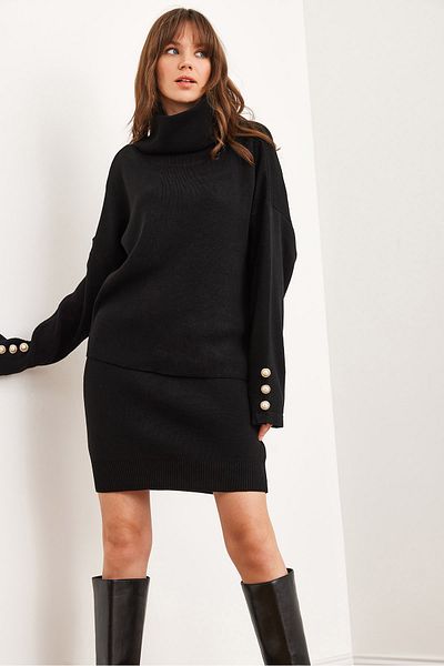 Olalook Women's Black Top Button Detailed Sweater Bottom Pleated Skirt Knitwear Suit Tkm- 19000329