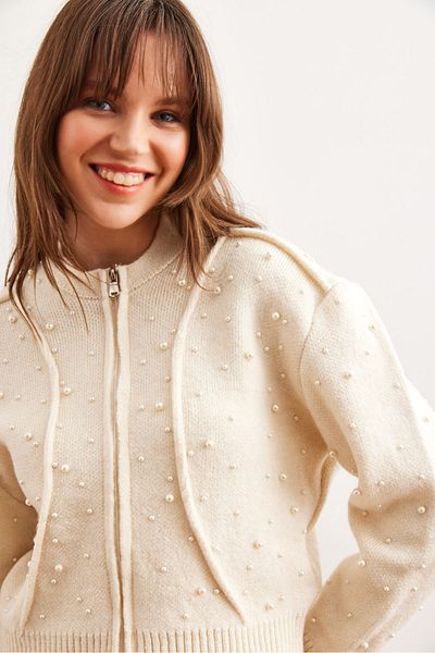 Olalook Women's Ecru Pearl Detailed Zippered Knitwear Jacket Ckt- 19000422