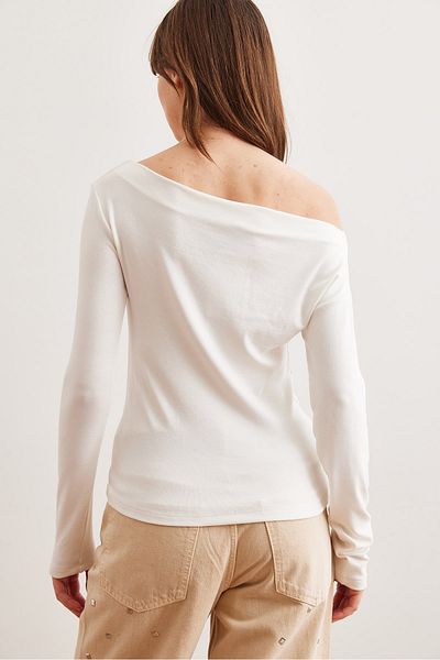 Olalook Stretchy Premium Soft Touch Women's Blouse - Boat Neck, Plain Ecru Stripes Blz- 19002448