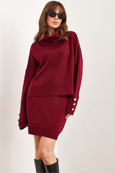 Olalook Women's Burgundy Top Button Detailed Sweater Bottom Pleated Skirt Knitwear Suit Tkm- 19000329