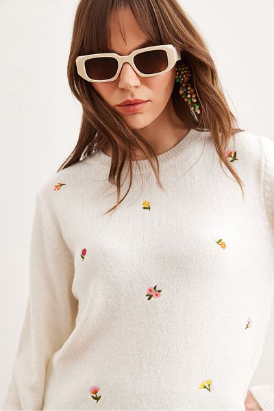 Olalook Women's Ecru Embroidered Soft Textured Sweater Kzk- 19000930