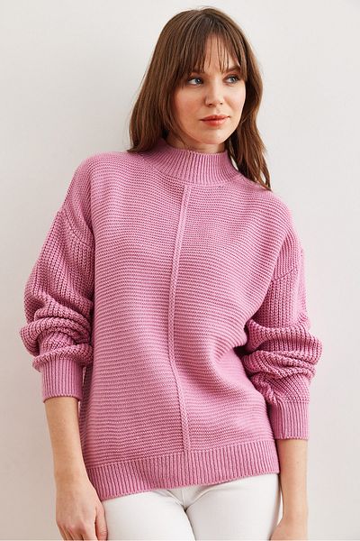 Olalook Pulover de damă Dusty Rose cu dungi în față pe jumătate de pescar KZK- 19000928