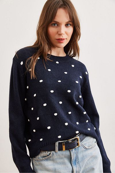 Olalook Navy Blue Pompom Women's Knitwear Sweater - Kzk- 19000923