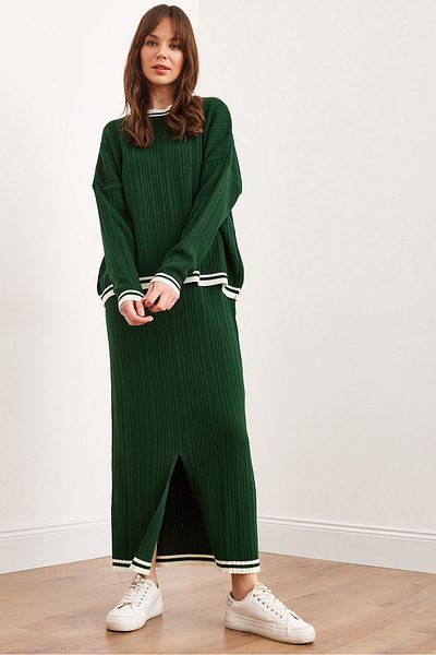 Olalook Emerald Green Women's Knitwear Set - Top Sweater and Bottom Slit Skirt Tkm- 19000327