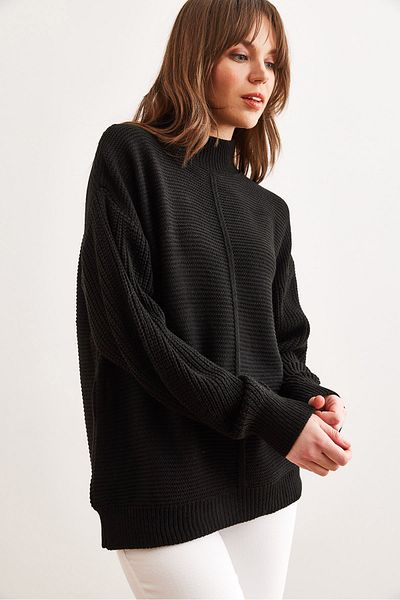 Olalook Pulover de damă negru cu dungi în față pe jumătate de pescar KZK- 19000928