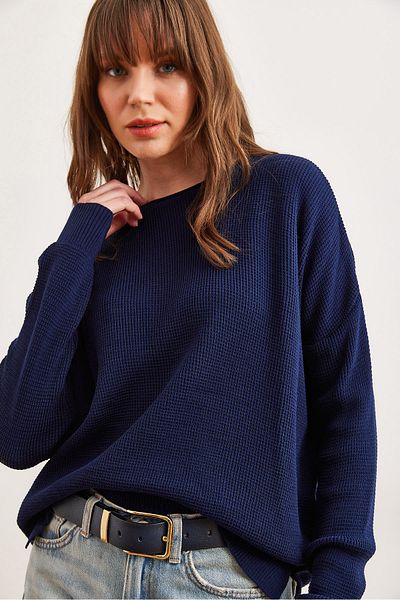 Olalook Women's Navy Blue Collar Detailed Slit Knitwear Sweater Kzk- 19000931