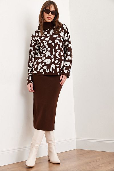 Olalook Women's Brown Top Throat Sweater Bottom Skirt Knitwear Set Tkm- 19000243